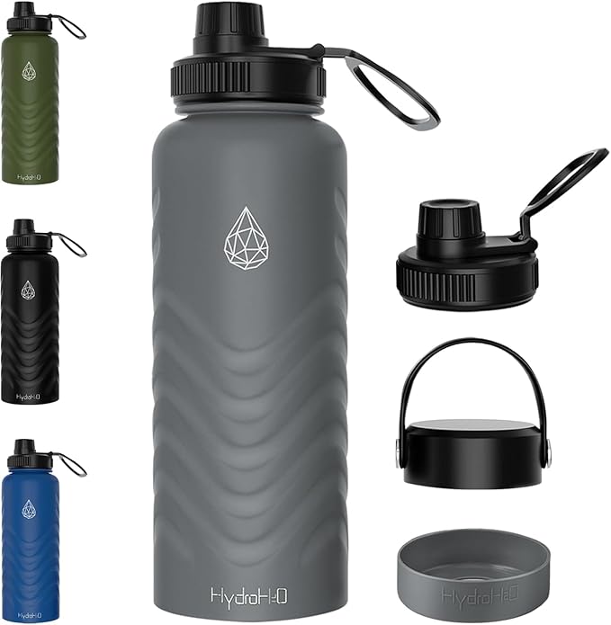 32oz Stainless Steel Insulated Water Bottle, 48H Ice Cold & 24H Hot, Leak-Proof Wide Mouth Lids (Straw & Spout), BPA-Free Bottles, Mens Water Bottle for Gym, Hiking, Travel - Grey