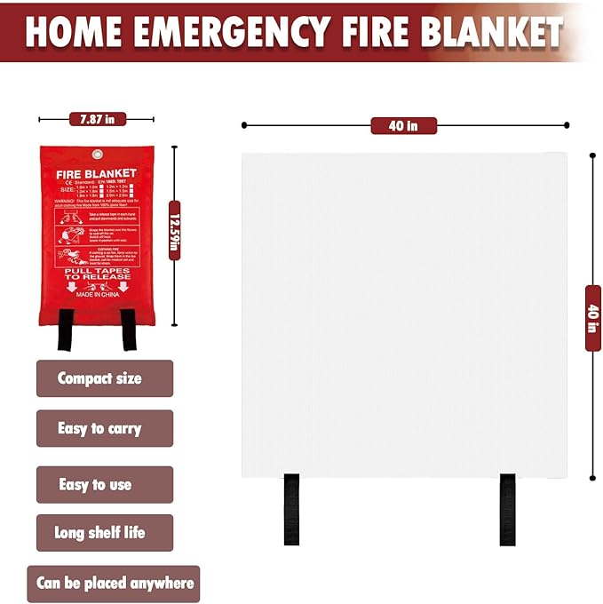 MDH Fire Blanket 40x40 inches Fiberglass w/Gloves Hooks Whistle - Fireproof Safety for Home Kitchen Restaurant House - Fire Suppression Reusable (Fire Blanket 2-Pack)