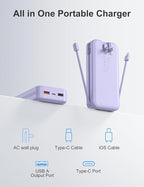 20000mAh Ultra-Portable-Charger-Power-Bank with Built in Cables&AC Wall Plug,PD20W USB-C Fast Charging Cell Phone Charger Battery Pack,LED Display Travel Battery Bank for All iPhone,Samsung,Android