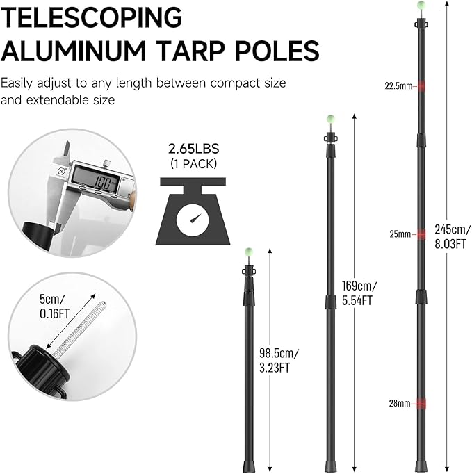 SANLIKE Telescoping Tarp Poles Tent Poles, 96" Aluminum Canopy Poles Extendable Pole for Awning Shelter Camping Hiking Backpacking, Luminous Tip Cap Design, Set of 2, Black