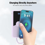 Portable Charger with Built in Cables,High Speed Power Bank 10000mAh Travel Battery Pack 5 Outputs 3 Inputs Portable Phone Charger Backup Battery for iPhone, Samsung, iPad,Tablets (Purple)