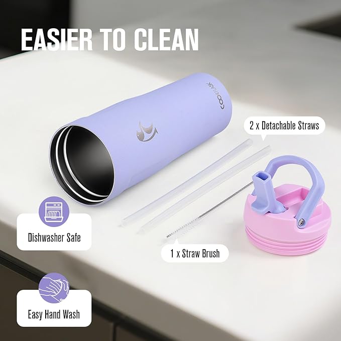 Coolflask Water Bottle 32 oz Fits Car Cup Holder, Slim Tumbler Stainless Steel with Straw & Handle, Vacuum Flask Leakproof Wide Mouth for Travel Sports Gym, Lavender