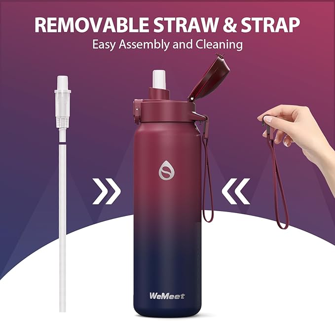 32oz Water Bottle with Removable Straw and Spout Lid Two Ways to Drink, 18/10 Stainless Steel Insulated Water Bottle, BPA-Free, Leak Proof, Double wall, for Sports, Gym
