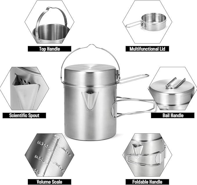 Lixada Camping Cooking Kettle 1L Stainless Steel Pot with Foldable Handle and Dual Use Cover Portable for Hiking Backpacking Picnic