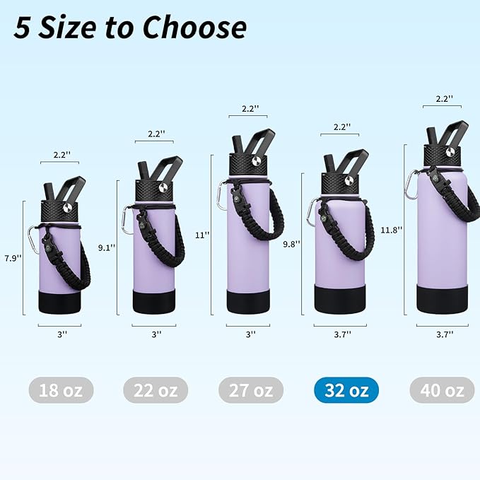 BJPKPK 32oz Insulated Water Bottles with 3 Lids, Paracord Handle & Non-slip Boot, Stainless Steel Metal Water Bottle,Reusable BPA Free Thermo, Tumblers, Lavender