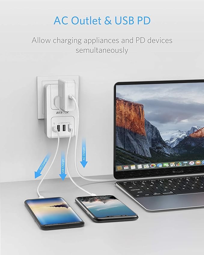 BESTEK Travel Adapter PD 35W, Universal Power Adapter 1 USB C 3 USB A, International Plug Adaptor Worldwide Outlet for US to European UK Spain - for Laptop, Phone, Camera