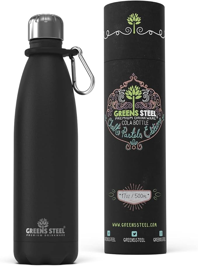 Greens Steel Stainless Steel Water Bottle - 17 oz, Black | Vacuum Insulated Double Wall with Screw Lid/Leak Proof | Thermal Travel Sports Canteen Coffee Flask