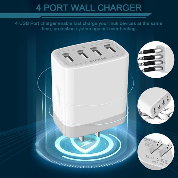 USB Charger Cube, Wall Charger Plug, AILKIN 4.8A 4-Muti Port USB Adapter Power Plug Charging Station Box Base Replacement for iPhone 15 14 13 12 16 Pro Max/X/17, iPad Samsung Phones Charging Block