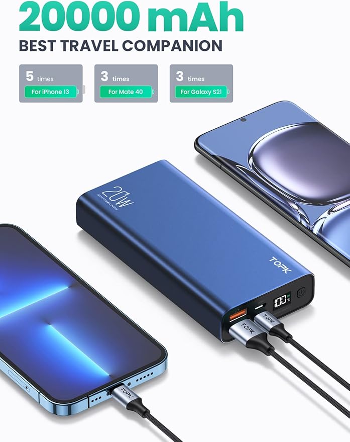 TOPK Portable Charger 20000mAh, Power Bank USB C 20W Fast Charging LED Display External Battery Pack Compatible with iPhone 13 12 11 Xs Samsung Google iPad etc.[2022 Version]