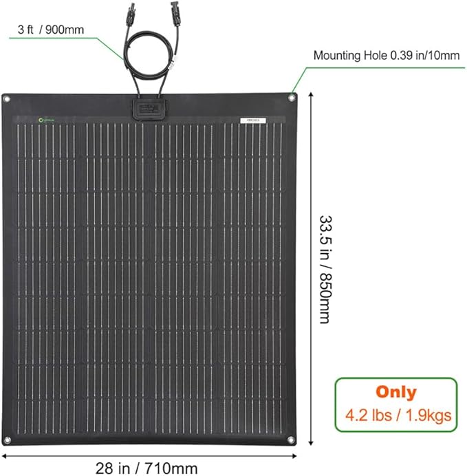 Lensunsolar 100W 12V ETFE Flexible Solar Panel, 33.5x28in, PERC 9BB 23.5%+ Efficiency Mono Solar Cells, for Campers, RVs, Boats, Tent