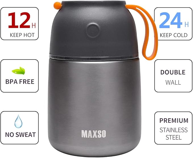 MAXSO Soup Thermo for Hot & Cold Food for Adults Kids, 17 oz Vacuum Insulated Steel Lunch Container Bento Box with Spoon, Leakproof Thermal Food Jar for School Office Travel - Grey