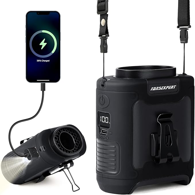 Portable Waist Fan Clip on, Personal Wearable Belt Fan 10000mAh Rechargeable Battery Under Shirt,5 Speeds with light, Neck Fan Hands-Free Cooling For Outdoor Camping Travel (Black)