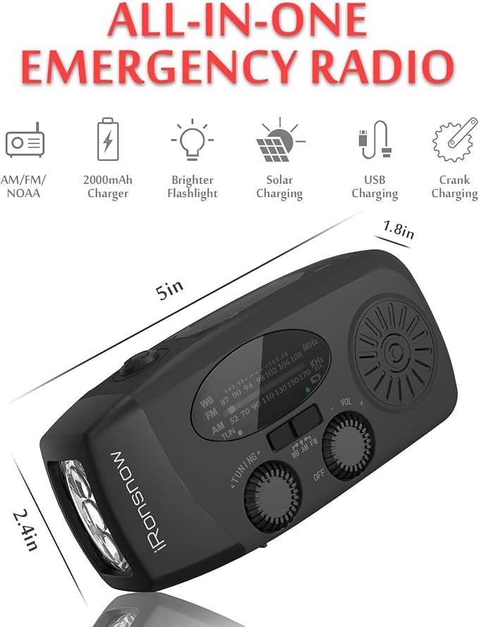 Solar Emergency NOAA Weather Radio Dynamo Hand Crank Self Powered AM FM WB Radios 3 LED Flashlight 2000mAh USB Smart Phone Charger Power SOS Alarm (Black)