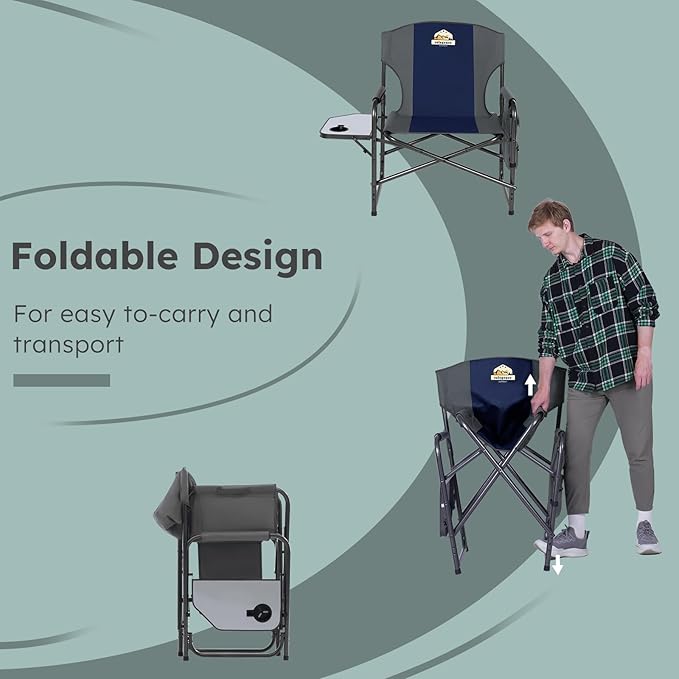 Colegence Oversized Directors Camping Chair Set of 2 Support 600 LBS, Heavy Duty Folding Outdoor Chairs with Detachable Side Pocket and Adjustable Side Table for Outside Beach,Lawn,Fishing (Blue)