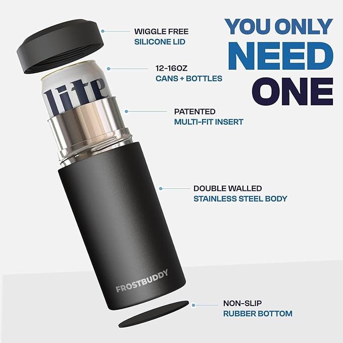Frost Buddy Universal Buddy Can Cooler - Fits All - For Regular 12 & 16 oz or Slim-Size Bottles - Insulated Double-Walled Stainless Steel (Black Leopard)