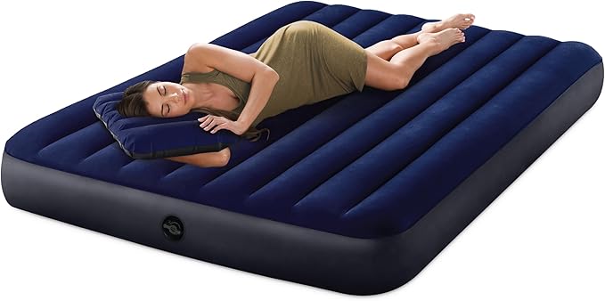 Intex 64765E Dura-Beam Standard Classic Air Mattress with Inflatable Pillows: Fiber-Tech - Queen Size - Hand Pump - 10in Bed Height - 600lb Weight Capacity