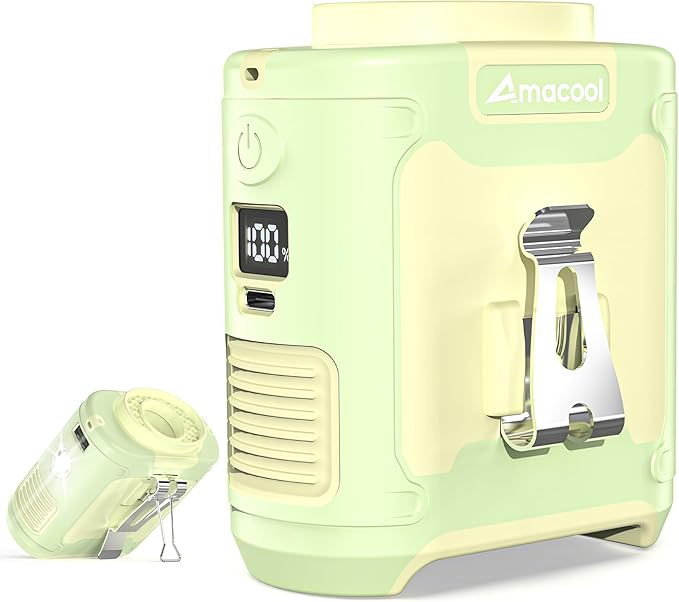 AMACOOL Portable Waist Fan Clip On, MAX 40H Runime, 10000mAh Rechargeable Wearable Shirt Fan with Light, 16000RPM Powerful 5 Speed Belt Fans Personal Cooling Fans for Outdoor Camping Travel (Pomelo)