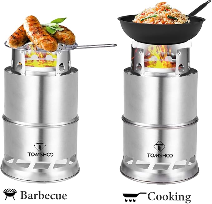 TOMSHOO Portable Folding Windproof Wood Burning Stove Compact Stainless Steel Alcohol Stove Outdoor Camping Hiking Backpacking Picnic BBQ