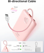 Slim Portable Charger 10000mAh, Travel Power Bank with Built-in USB-C Cable & LED Display, 22.5W Fast Charging Battery Pack Compatible with iPhone 16 15 Samsung S24 S23 -Pink
