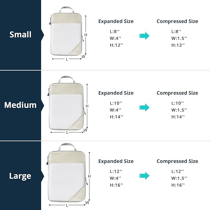 Compression Packing Cubes 6 Set, Compressible Space-Saving Packing Cubes for Travel - Compression Bags, Luggage Organizer, Travel Essentials for Women, Beige