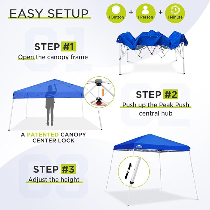 EAGLE PEAK 11x11 Slant Leg Pop-up Canopy Tent Easy One Person Setup Instant Outdoor Beach Canopy Folding Portable Sports Shelter 11' x 11' Base 9' x 9' Top (Blue)