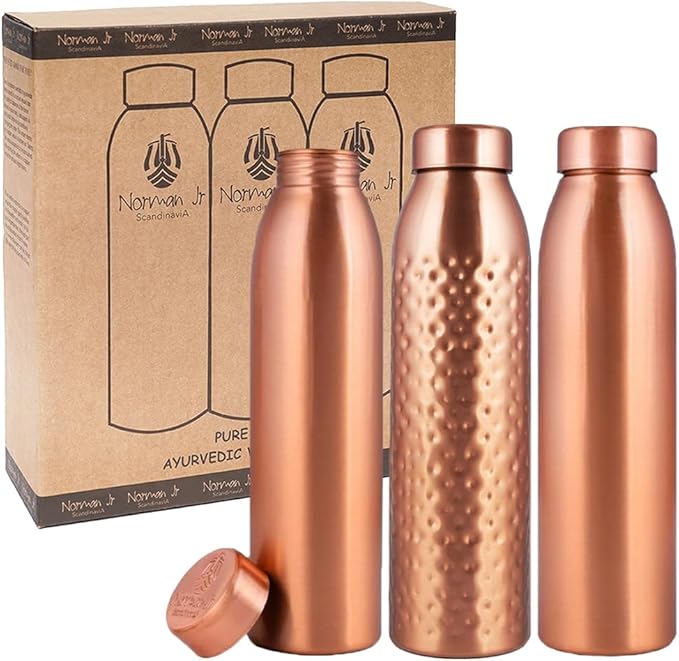 NORMAN JR, Copper Water Bottle 1L - Gift Box of 3, Plain 2, Hammered 1, an Ayurvedic vessel made of pure copper - helps you drink more water with many health benefits