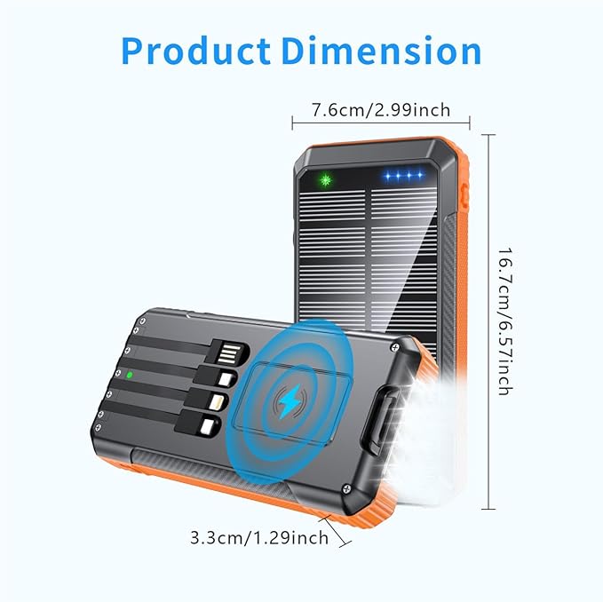 Power Bank Wireless Charger 52800mAh Built in 4 Cables 7 Outputs 22.5W Fast Charging Power Bank for All Mobile Devices 4Inputs Solar Portable Charger with Dual Flashlights (Orange)