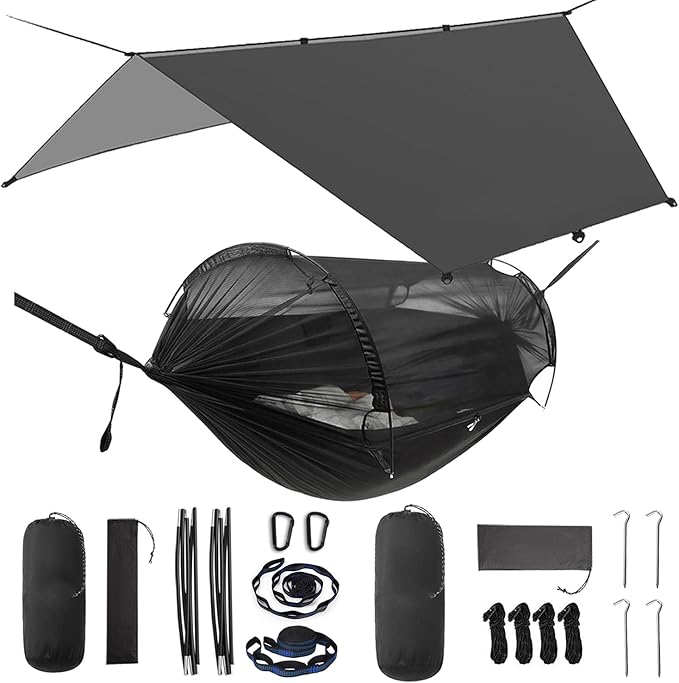 ADVOKAIR Camping Hammock with Mosquito Net and Rain Fly, Up to 500lbs, Ultralight and Portable Nylon Travel Hanging Hammock with Tree Straps, Perfect for Outside, Backpacking, Hiking and Backyard