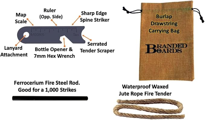 Portable Bushcraft Stainless BBQ Cooking Grill Grate, Bamboo Cutting Board, Burlap Bag, Mini Knife, Fire Starter Kits. Camping, Campfires, Backpacking, Hunting & Fishing Gear