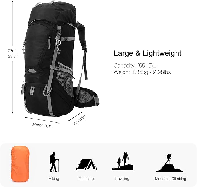 60L Lightweight Internal Frame Backpacking Hiking Backpack with Rain Cover for Men Women, Large Camping Backpack, Black