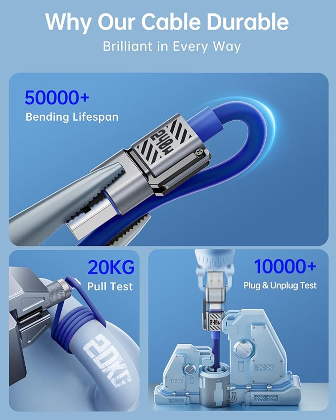 4 in 1 USB C Cable 240W 5FT Fast Charging & Data Transfer, Thicker Silicone Multi Charger Cord for iPhone iPad Charger Wire Combo with L/Type C/USB A for iPhone 16/15/Macbook (Blue)