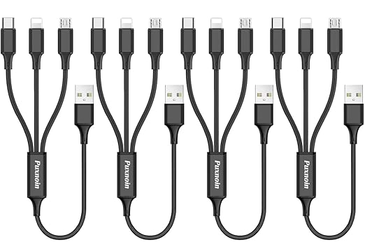 Puxnoin Multi Charging Cable, 4Pack Multi Charger Cable Short 1FT Braided Universal 3 in 1 Multiple USB Cable Charging Cord with Type-C, Micro USB Port Connectors for Cell Phone, Tablets