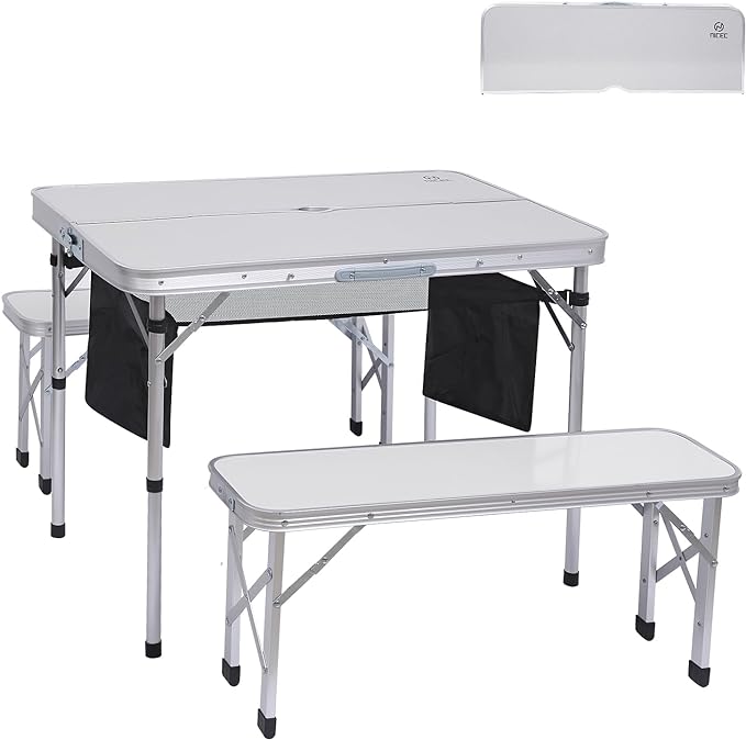 Nice C Folding Picnic Table, Portable Picnic Table, Folding Table with Bench, Outdoor Table and Chairs, Hole for Umbrella, Mesh net Storage, Backyard, Party, Outdoor, Lawn
