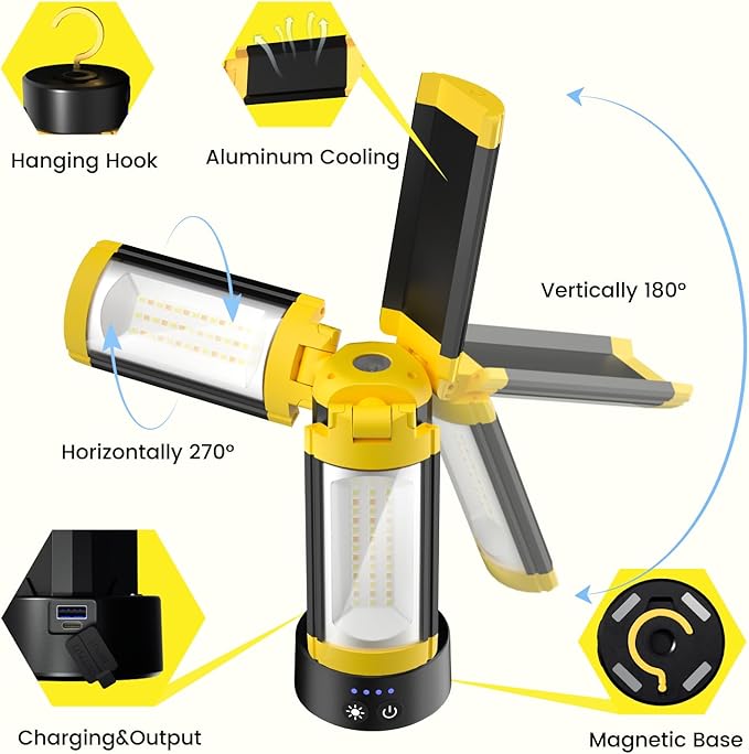 LHOTSE Rechargeable Camping Light with Stand, 83" Tall Portable 3000 Lumens Cordless Work Light with 3 LED Lamps Head & Detachable Tripod, 9AH Battery LED Work Light Dimmable with Travel Bag