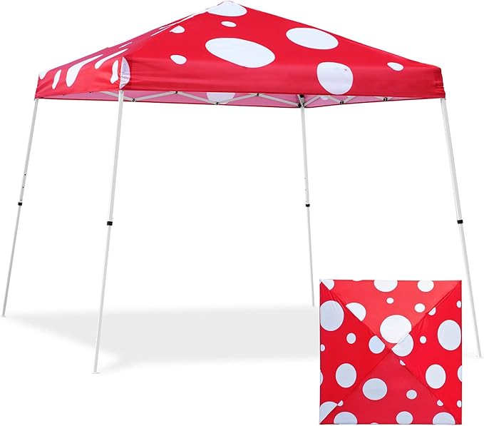 EAGLE PEAK 10x10 Slant Leg Pop-up Canopy Tent Easy One Person Setup Instant Outdoor Beach Canopy Folding Portable Sports Shelter 10x10 Base 8x8 Top (Red Mushroom)