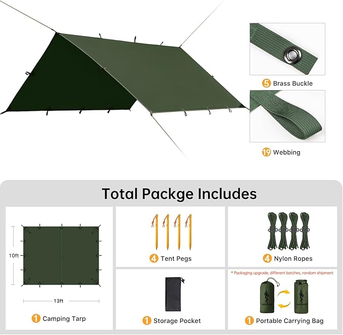 FREE SOLDIER Camping Tarp Waterproof Portable Multifunctional Outdoor Camping Traveling Awning Backpacking Shelter Rain Tarp (Dark Green 10×13ft)