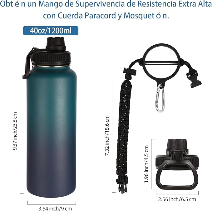 Volhoply Insulated Water Bottles Bulk 4 Pack,40 oz Stainless Steel Sports Bottle with Paracord Handle & Spout Lid,Double Walled Water Cups with Wide Mouth,Reusable Large Water Cup(Dark Night,4 Set)