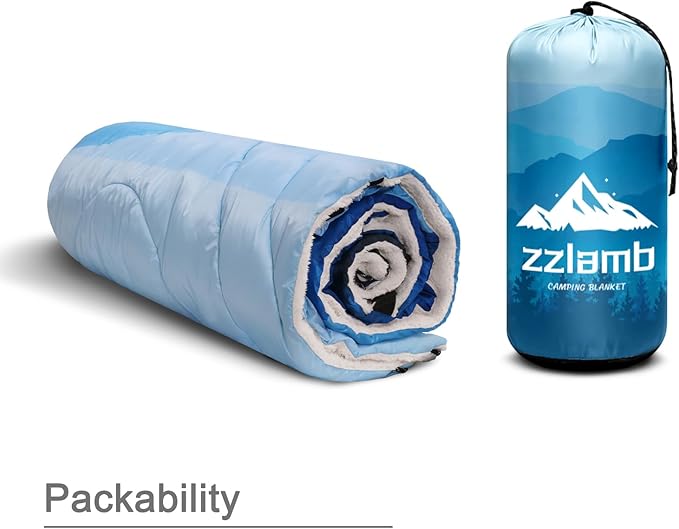 zzlamb Sherpa Puffy Camping Blanket,Packable Outdoor Warm Wearable Fleece Blankets for Cold Weather,Thick Camp Quilt with Sherpa Lining for Sleeping,Traveling,Backpacking,Picnics,Beach,Stadium 52x75in