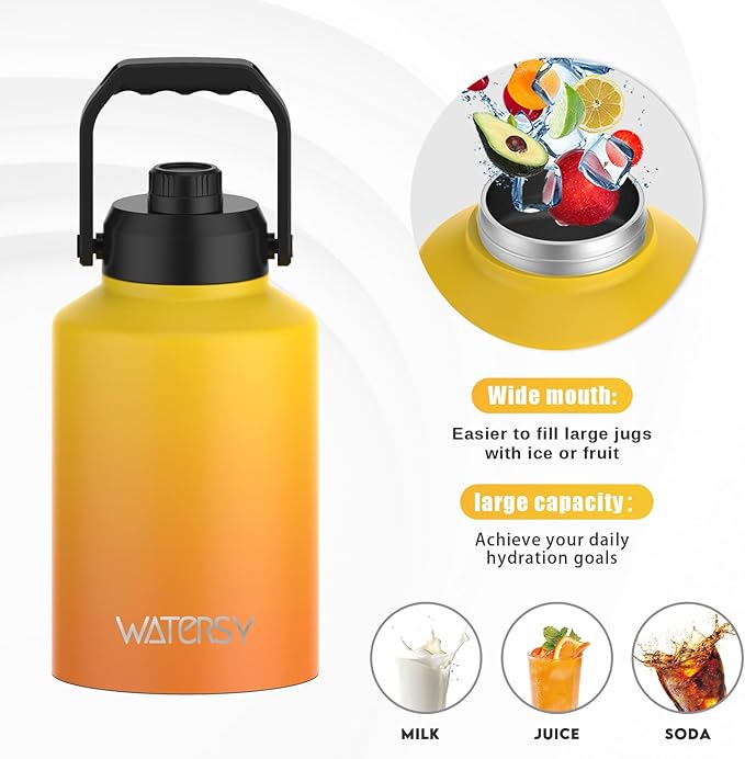 WATERSY 1 Gallon Water Bottle Insulated(Cold for 48 Hrs),BPA Free&Leak Proof,128oz Stainless Steel Water Jug,Big thermo,Large Water Bottle with Handle for Gym,Hiking,Camping&Travel,Gradual Yellow