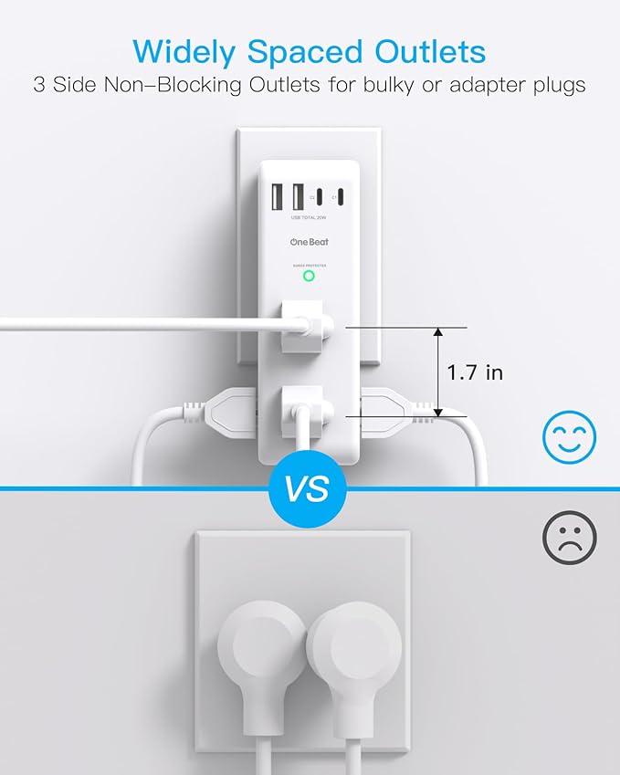 PD 20W Surge Protector Outlet Extender, Rotating Plug, One Beat 6 AC Multi Plug Outlet with 4 USB Ports (2 USB C), 1800J, 3-Sided Swivel Power Adapter with Spaced Outlet Splitter for Home Office Dorm