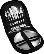 Stainless Steel Outdoor Camping Mess Kits - Includes Forks, Spoons, Knives, Chopsticks, Food Clip, Plates - Portable Cutlery Bag