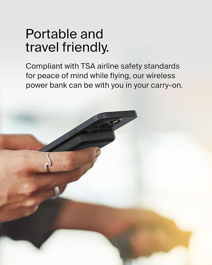 Belkin Portable Charger, Wireless Power Bank 15W 5000mAh w/ Qi2, MagSafe Charger + Built-in Pop-up Kickstand - iPhone 17, Air, Pro, Pro Max, AirPods, Apple Watch, Google Pixel 10, etc. - Black