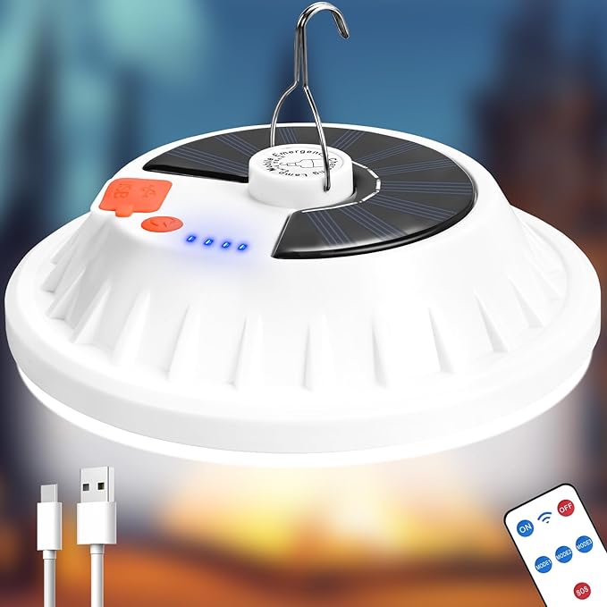 Solar Camping Light with Remote 6000LM, Rechargeable Hanging Light Portable LED for Home, Tent Canopy Lights Solar Camping Lanterns for Power Outages, Emergency, Hurricane