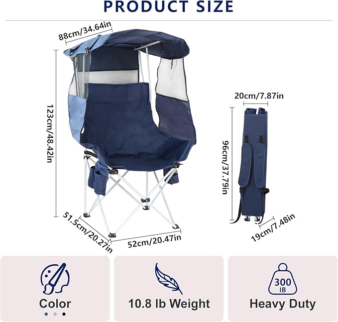 Folding Camping Chairs Canopy Outdoor: Sports Portable Beach Chair with Canopy-Lawn Beach Chairs with Umbrella for Adults-Camping Chair with Shade for Fishing Camp Heavy Duty (Regular, Navy Blue)