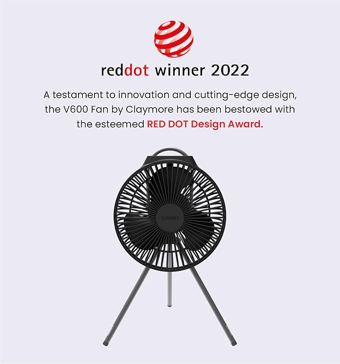 Claymore V600+ Rechargeable Camping Fan(Black) – 7,800 mAh Battery Operated Portable Fan for Indoor & Outdoor Use, 4-Speed Quiet Air Circulator, USB‑C Charging, Timer, Carry Pouch Included