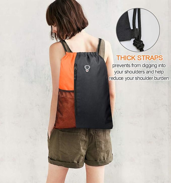 BeeGreen Oranage Drawstring Backpack Bag With Water Bottle Pocket &Front Zippered Pocket Sport Gym String Backpack Sackpack For Men Women