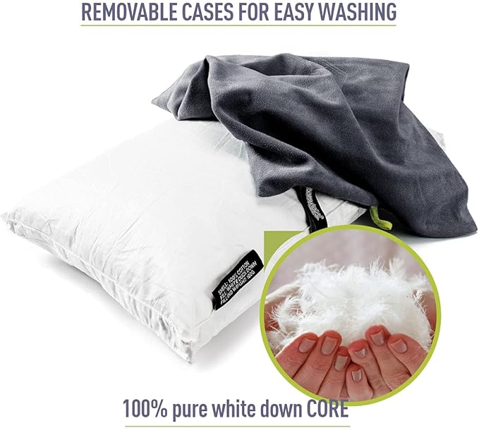 ZOOOBELIVES Down Filled Camping Pillow for Travel, Washable Soft Cover, Small Camp Cushion for Neck & Lumbar Support On-The-Go, Ultralight & Compressible for Hiking Backpacking - AlpliveS2046