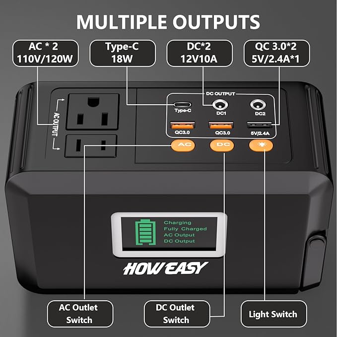HOWEASY 120W Portable Power Bank, 24000mAh Portable Laptop Charger Battery Backup with 2 110V AC Outlets/ 3 DC Ports/2 USB QC3.0/LED Light for CPAP Outdoor Camping Travel Home Hurricane Emergency