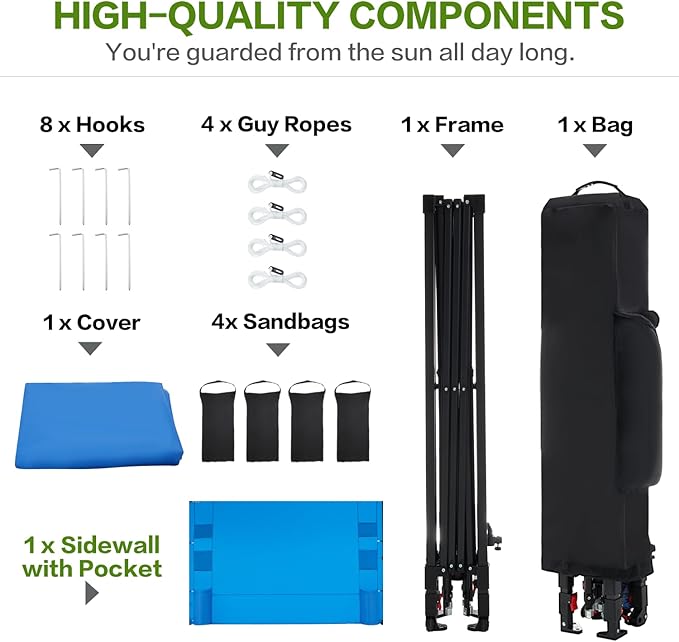 10'x10' Pop Up Canopy Tent with 1 Sidewall and 6 Pockets, One Push Setup, Instant Shade Tent with Vented Roof for Beach Patio Outdoor, Case, 8 Stakes, 4 Ropes, 4 Sandbags (Blue, 10x10)