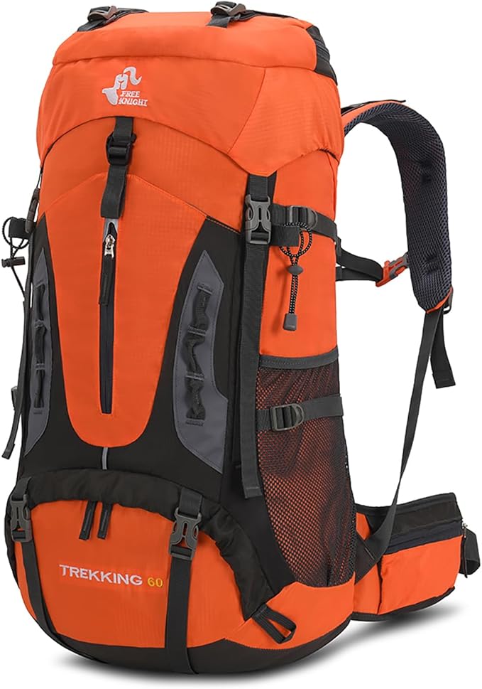 Bseash 60L Hiking Camping Backpack with Rain Cover, Waterproof Large Capacity Outdoor Sport Travel Daypack Climbing Touring (Orange)